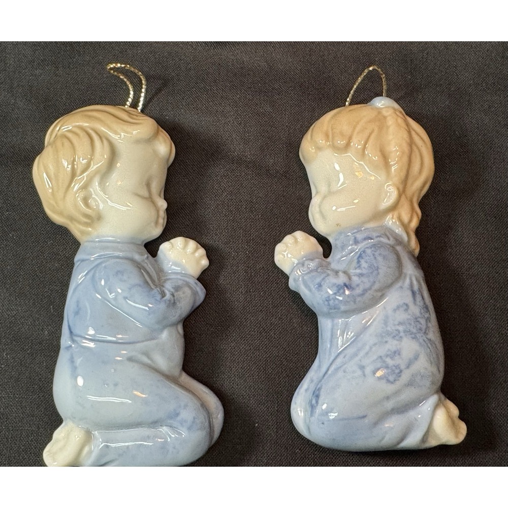 Vintage White Glaze Praying Kneeling Prayer Boy & Girl Wall Decor Figures